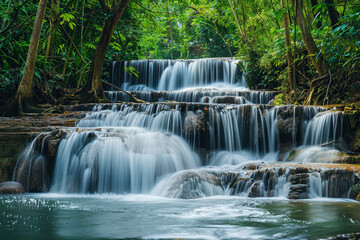 Generative ai on theme of beautiful majestic waterfall in natural nature, national park attraction