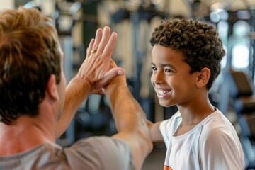 Boy giving high five to his adult friend at fitness center, Generative AI