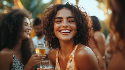 A diverse group of friends celebrating in a backyard, with a radiant woman at the center, holding a glass, and sharing laughter.