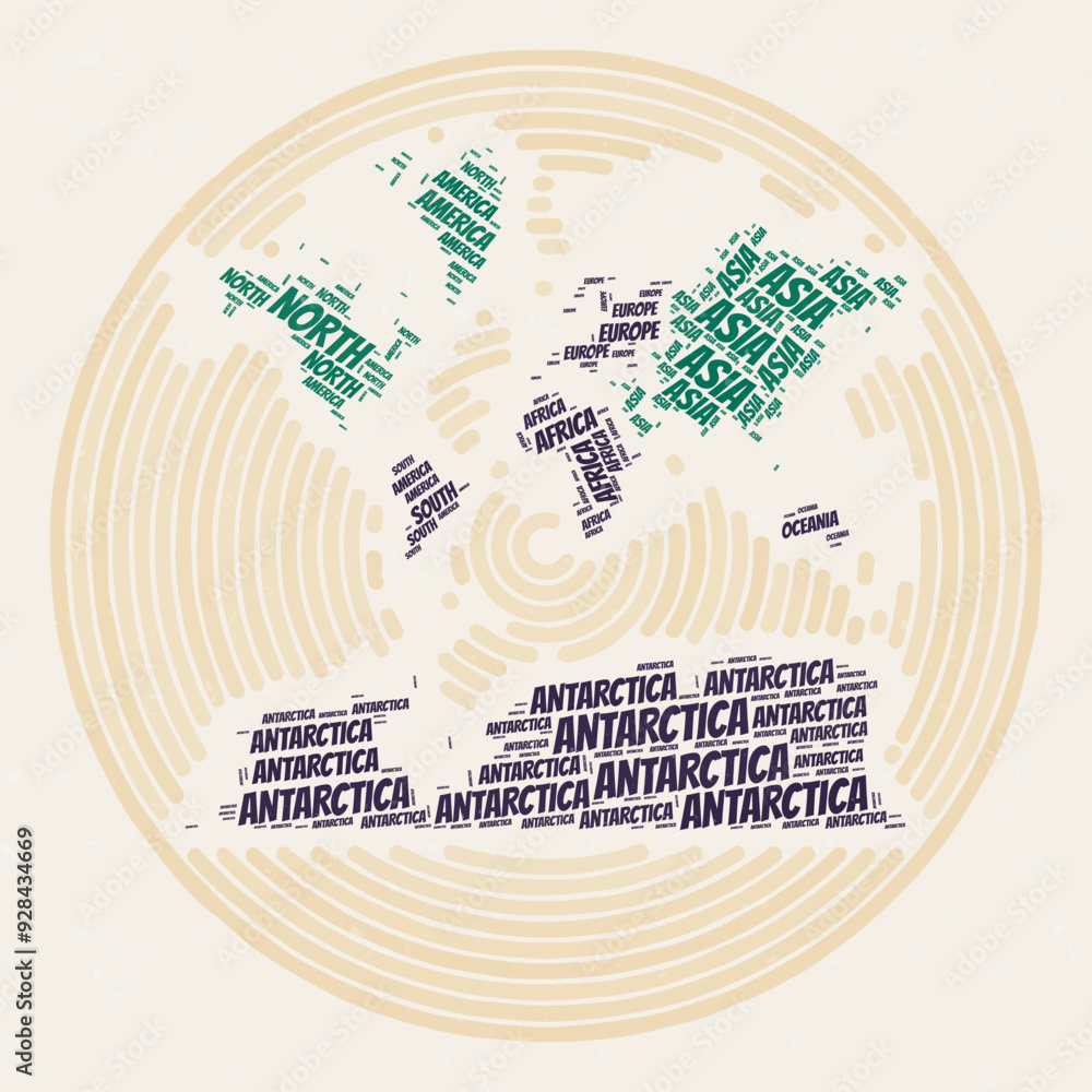 Poster world round poster. typography style image of world. continents word clouds of world. vintage image 