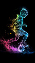Neon light drawing of a young boy soccer player kicking a ball against a black background in a colorful styl 