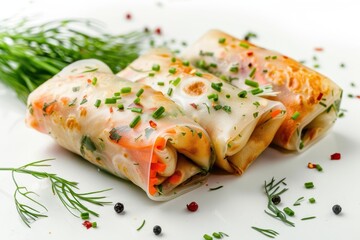 Tasty seafood spring rolls with cream cheese on white