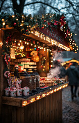 Christmas Market Stall with Warm Lights and Treats