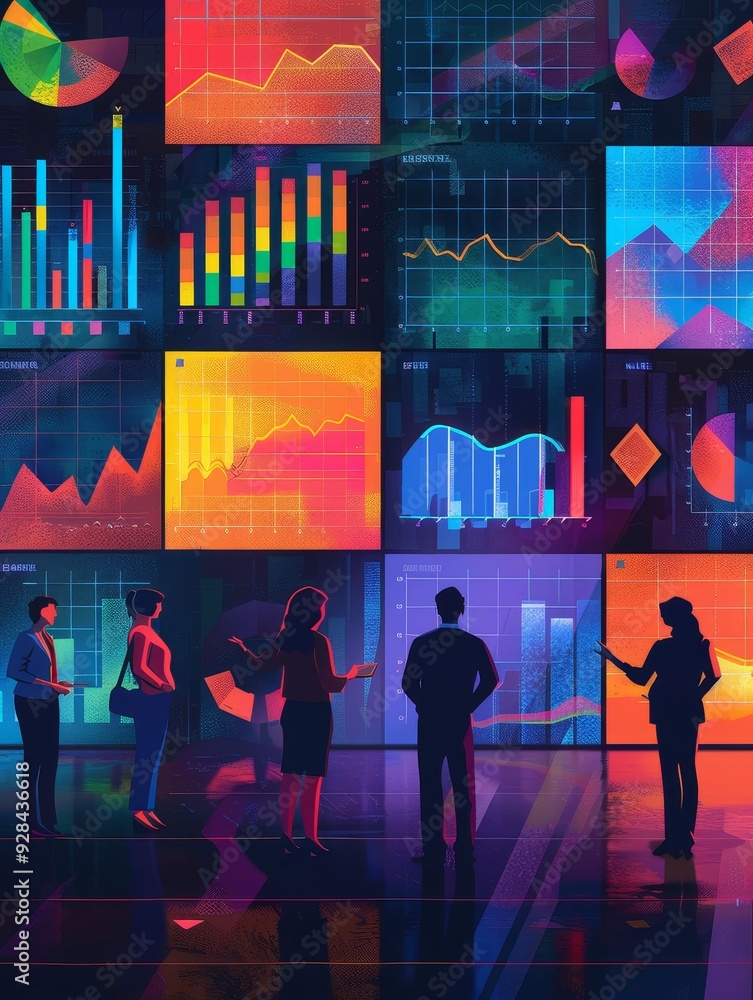 Poster a team of four people standing in front of a wall of colorful charts, discussing data and business i