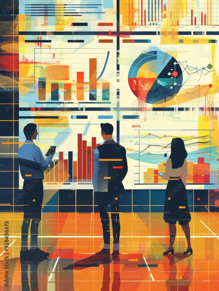 Poster a team of three professionals stand before a large digital screen, analyzing data visualizations. th