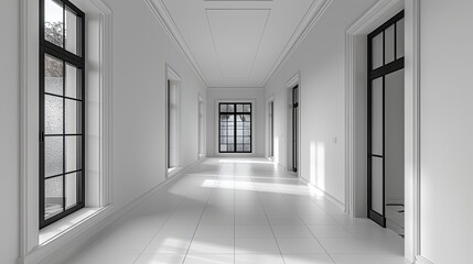 Fototapeta premium White walls, black window frames, white floor, interior design