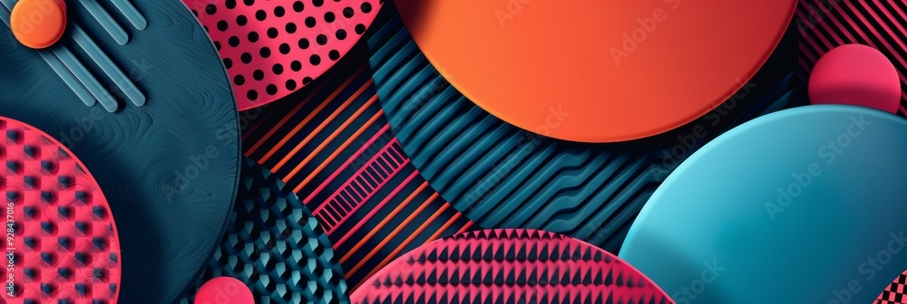 Poster a vibrant abstract background with overlapping circles in various shades of red, blue, and orange. t