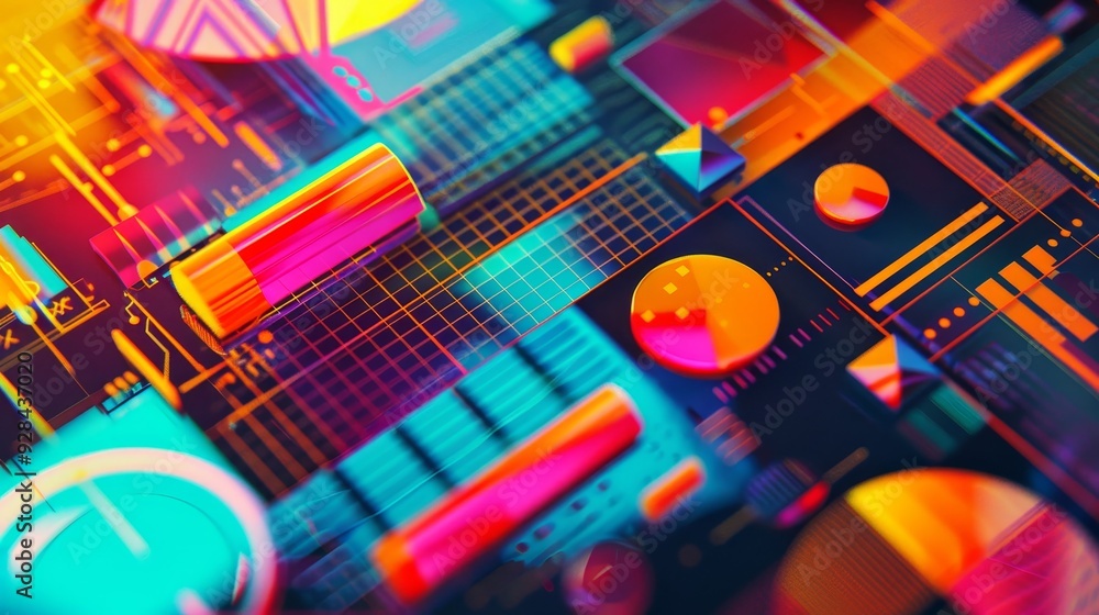 Poster a vibrant abstract background with colorful geometric shapes and 3d elements representing innovation