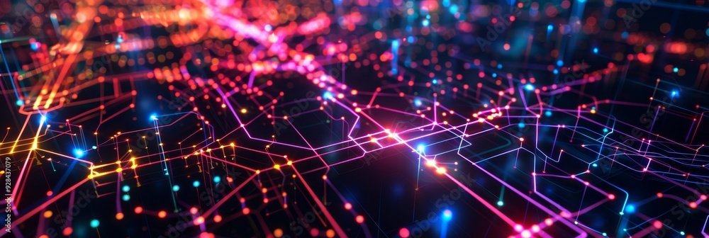 Poster a vibrant abstract illustration depicting a network connection. colorful lines and nodes symbolize d