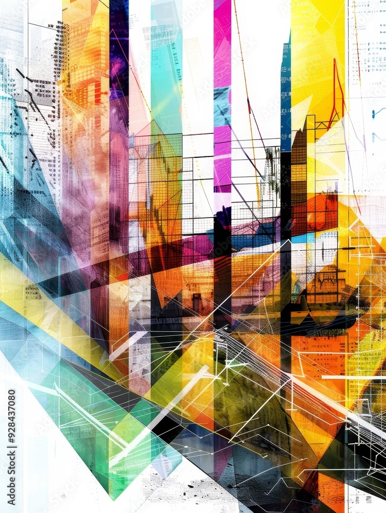 Poster a vibrant abstract cityscape with overlapping layers, showcasing the dynamism of urban development. 