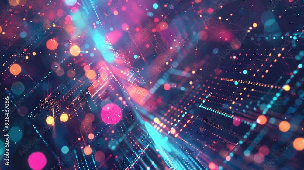 Poster a vibrant abstract digital network with glowing lights and bokeh effect, symbolizing technology, inn