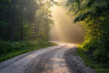Obraz premium Twisting gravel path in sunlight dappled forest