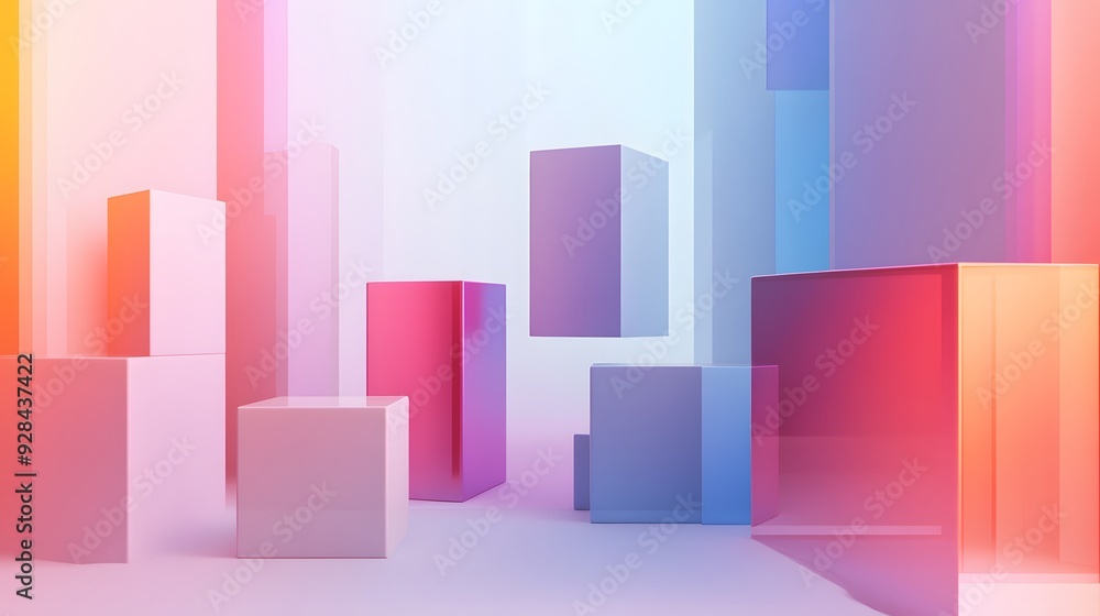 Poster 87. abstract 3d composition with floating geometric prisms and sleek gradients forming a modern patt