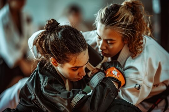 Two female athletes drilling techniques for competition in Brazilian jiu jitsu