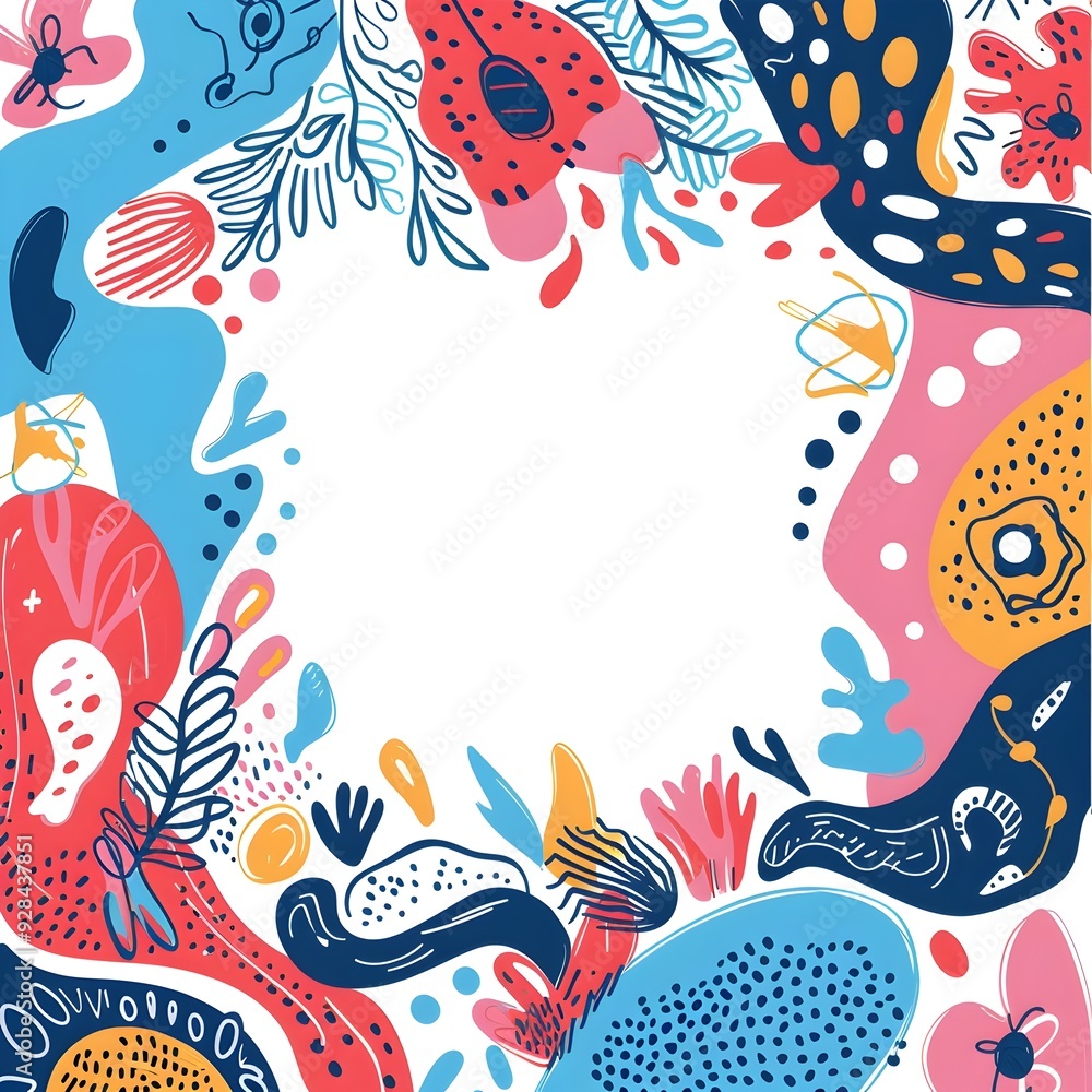 Poster playful doodle style frame with whimsical shapes and patterns on white background