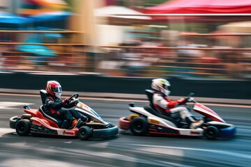 Two kart racers compete for win seen from the side