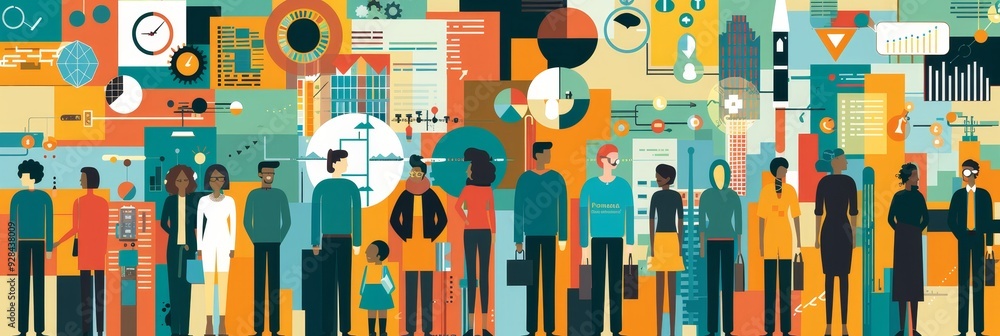 Aufkleber a vibrant illustration showcasing a diverse team of individuals collaborating in a data-rich environ