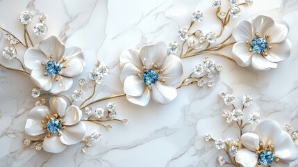 White 3D Flowers with Blue Gemstones on Marble Background.