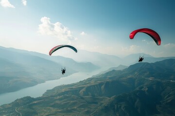 Two parachuters soar through the sky