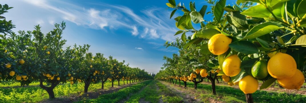 A vibrant lemon orchard showcasing rows of healthy trees laden with ripe lemons, bathed in warm sunlight against a backdrop of a clear blue sky. This image represents abundance, freshness, and the bea