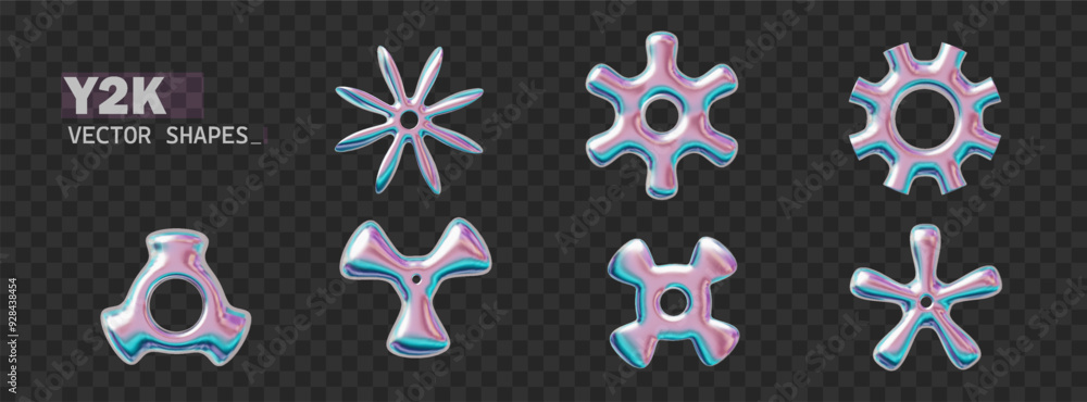 Wall mural chrome y2k elements isolated with chrome effect in y2k style. holographic chrome shapes 2000s and ar