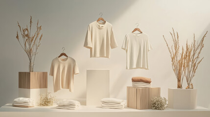 Minimalist display of cream-colored t-shirts on hangers with neatly folded garments and decorative dried flowers in a soft lighting environment