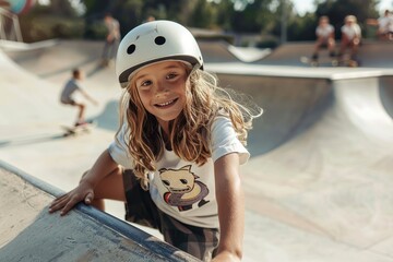 Young skater enjoys skateboard training at skate park with active family during summer holidays in the city Kids sports and urban fashion