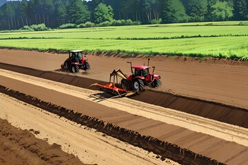 Tractor harvesting in fields with crops, AI generated