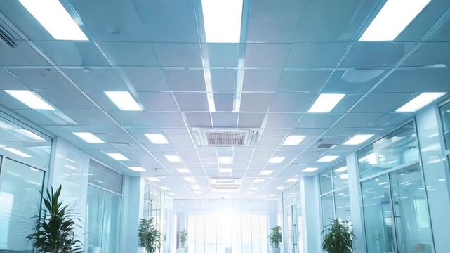 A bright office space is shown with ceiling-mounted air conditioners and ventilation systems