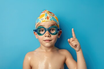 Young swimmer in gear on blue background Child points promoting Boy studies swimming at sports school With space for text