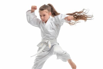 Young taekwondo athlete practicing high kick in white background Healthy lifestyle and strength portrayed