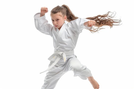 Young taekwondo athlete practicing high kick in white background Healthy lifestyle and strength portrayed