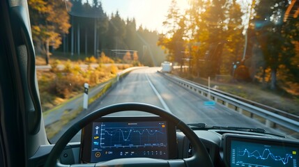 Solar Powered Electric Delivery Van with Digital Dashboard on Scenic Road