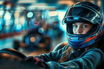 Young woman in helmet and others racing cars at indoor karting club