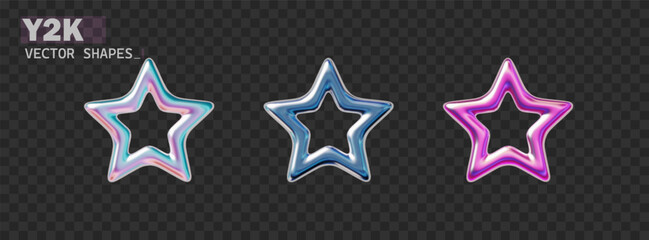 3d chrome Y2K metal star set. Holographic star in Y2K style isolated on black. Future galaxy aesthetic design