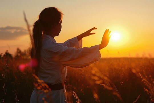Young woman practicing qigong during sunset