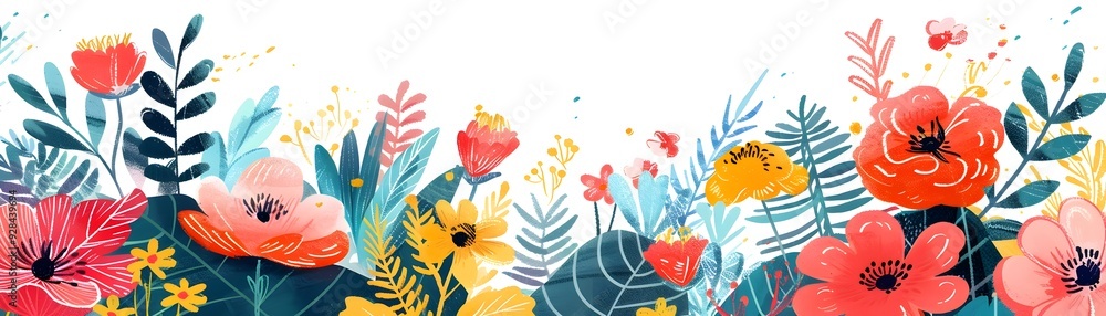 Aufkleber vibrant hand drawn floral frame floating on a white background with playful patterns and vivid color