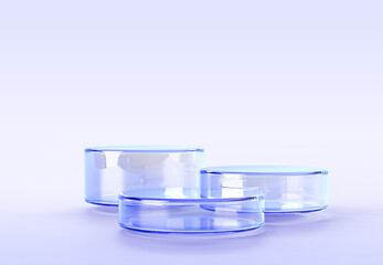 3d glass transparent clear cylinder step podium display mockup banner for cosmetic product. Empty water blue round pedestal platform, crystal circle stage advertising stand background. 3D illustration