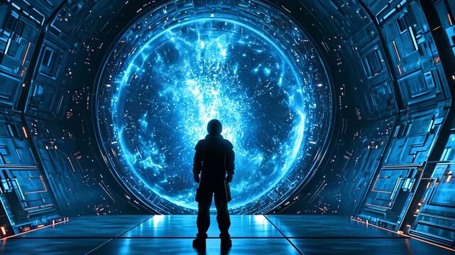 4k futuristic teleportation or space age technology concept, Silhouette of man standing in front of giant cosmic portal