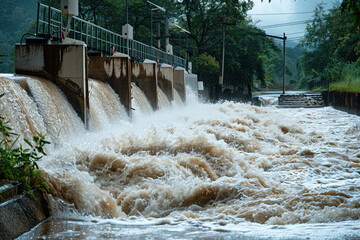 Generative ai on theme of hydroelectric power energy plant with large turbines and water spills