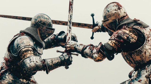 Two armored knights clash swords in a medieval battle scene