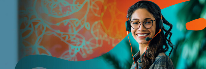 A young woman with a headset smiles brightly, showcasing excellent customer service and positive communication. The colorful background represents a dynamic and innovative work environment.