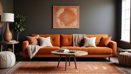 A living room with a couch a table and a lamp