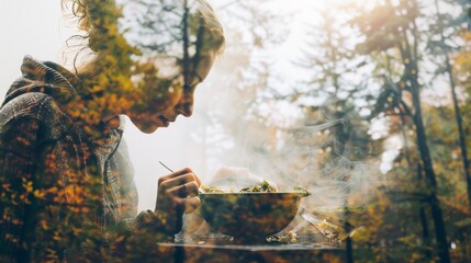 Obraz premium A person enjoys a warm bowl of food, surrounded by a serene forest landscape, embodying comfort and tranquility in nature.