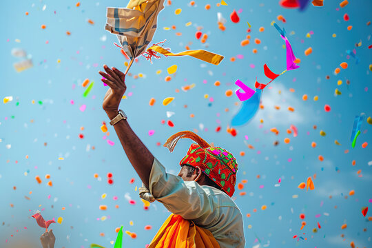 Beautiful greeting card with colorful kites soaring high above vibrant sky to holiday composition