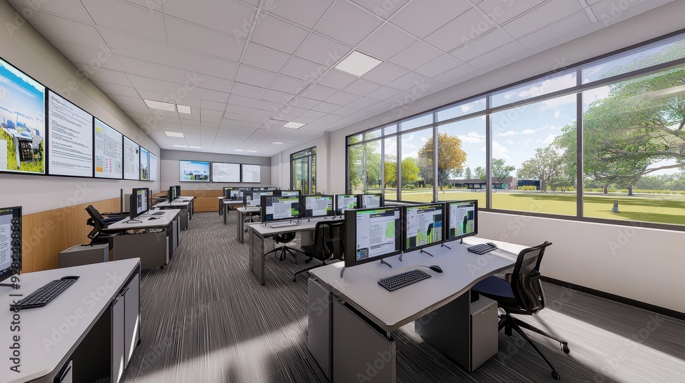 Poster modern office with large windows and computer workstations.