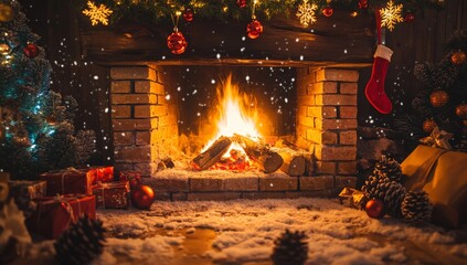 Cozy Christmas Fireplace Decorated with Ornaments, Stockings, and Pinecones During Winter