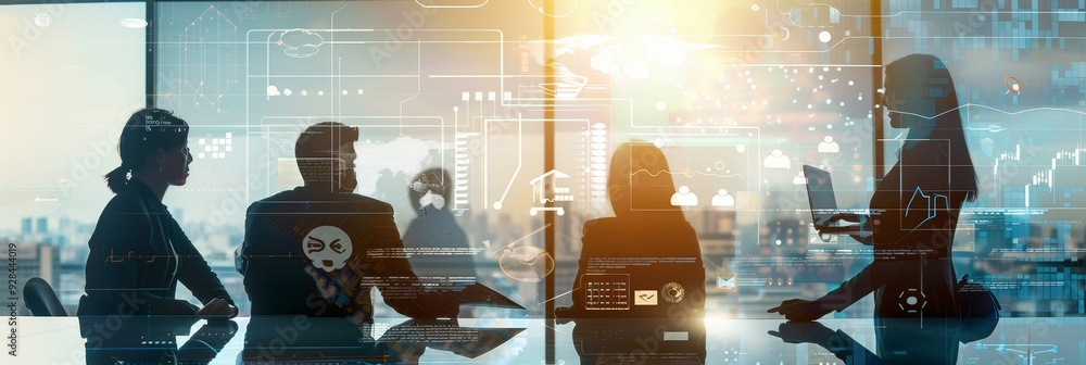 Poster silhouettes of a business team collaborating and brainstorming ideas in a modern office setting, wit