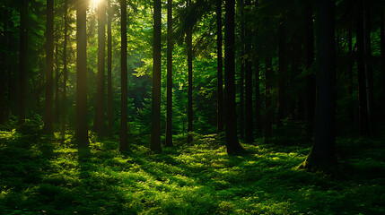 Fototapeta premium Sunlight streams through a dense forest. AI generated