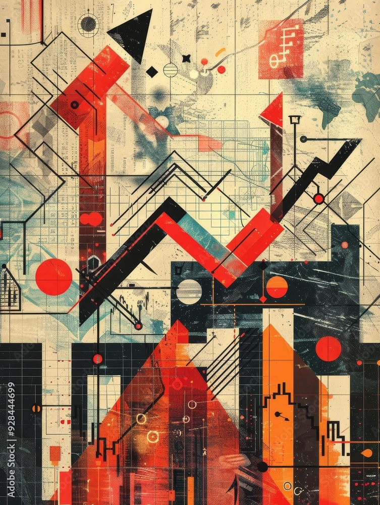 Poster this abstract artwork features a vibrant composition of red and black shapes against a beige backgro